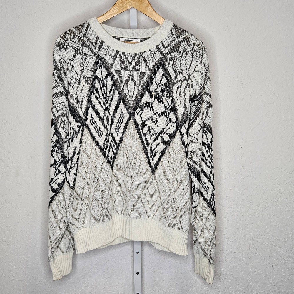 VTG Expressions Men L Geometric‎ Diamond Intarsia Knit Sweater White Black 90s